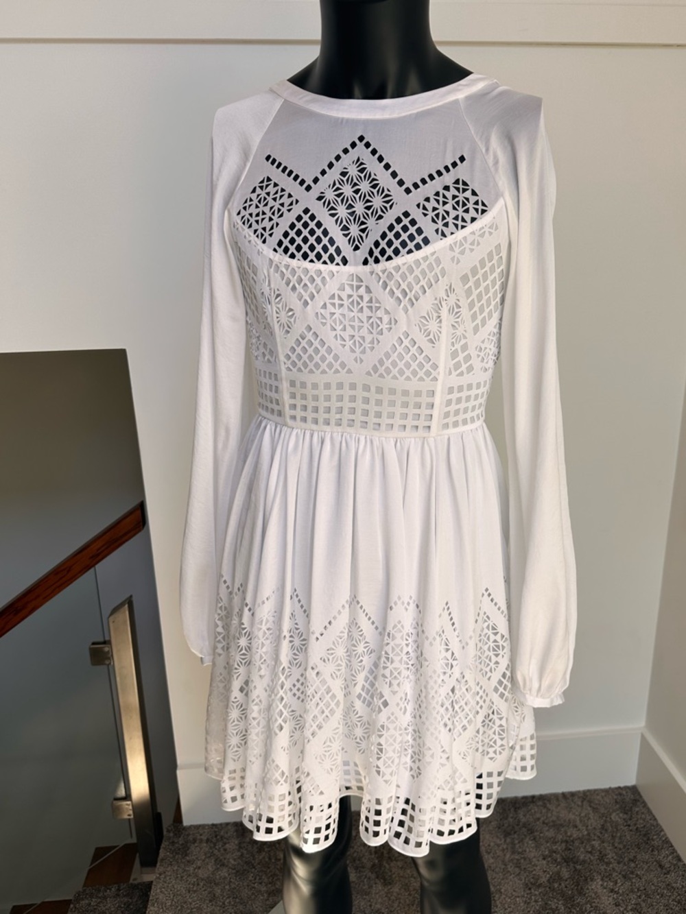 Temperley London White Long-Sleeve Laser-Cut Fit & Flare Dress
